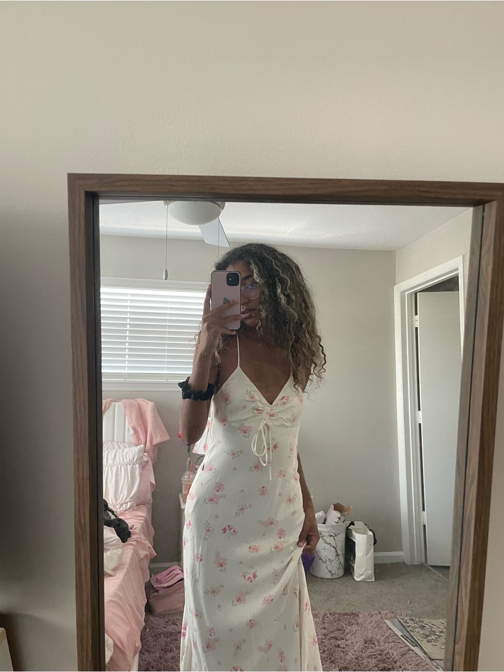 Zara White Maxi Slip Dress with Pink Floral Print
